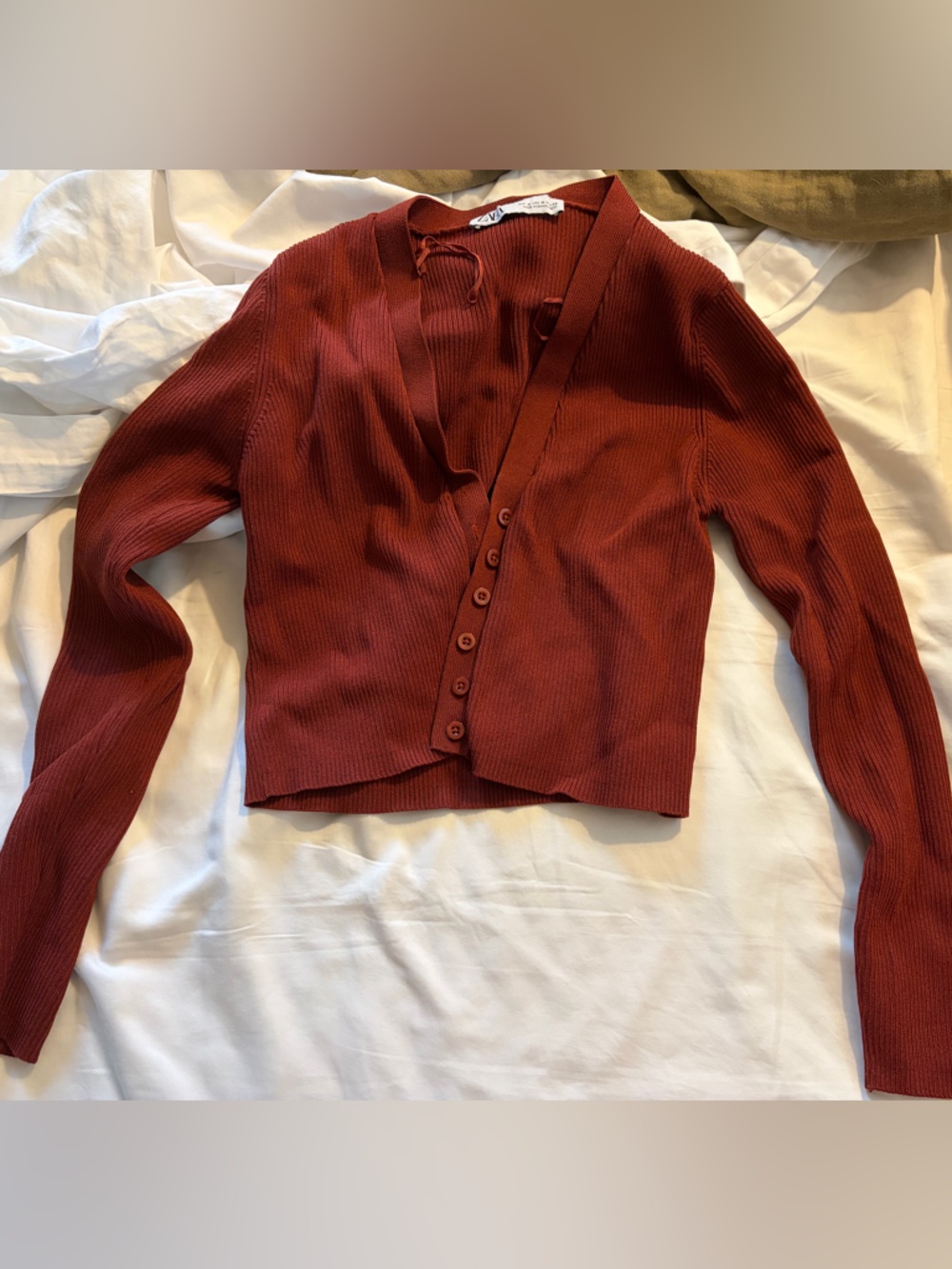 Zara Ribbed Button-Front Top in Rust Red